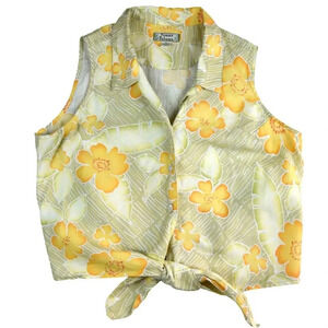 Tommy Bahama Shirt Womens Linen Tencel Button Sleeveless Yellow Floral Tank XL